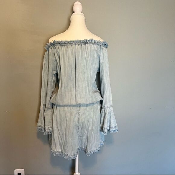 Ramy Brook Esie Chambray Romper Size XS Long Bell Sleeves Off the Shoulder - Picture 8 of 10